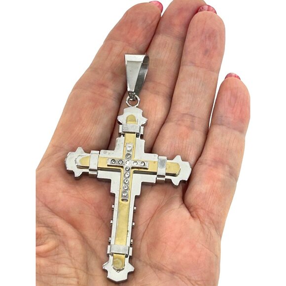 Men’s Stainless Steel Silver Gold Tone Cross 12 Cz Triple Layer 32g Pendant - Picture 1 of 17